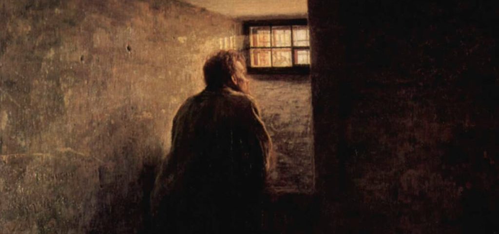 Ilustração de um prisioneiro à beira da janela.