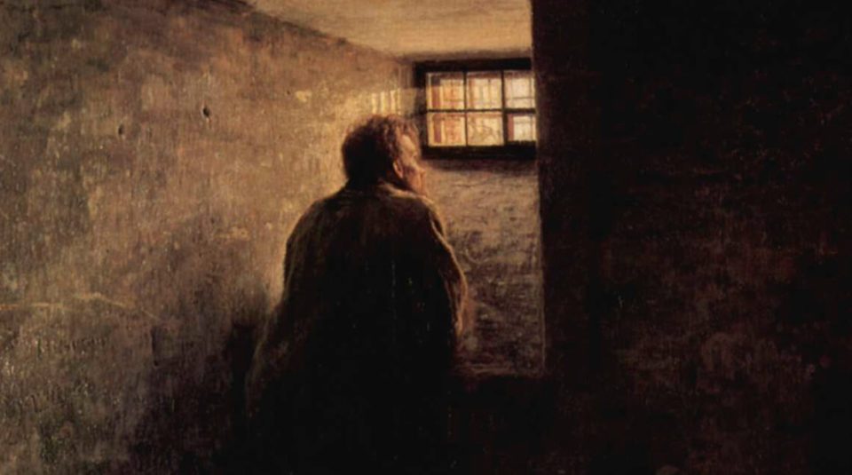 Ilustração de um prisioneiro à beira da janela.