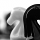 Cavalos de xadrez, preto e branco, de costas um para o outro.